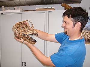 Nils Knotschke con la reconstrucción del cráneo de un 'minidinosaurio'. (Foto: Science)